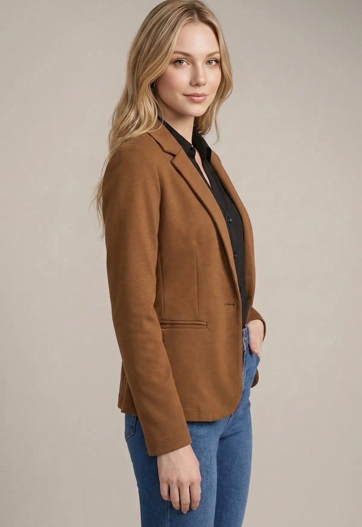 Knit Blazer with Sleeve Detail: Caramel