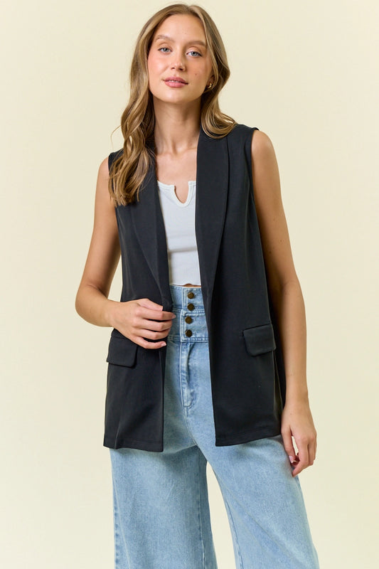 Black Shawl Neck Open Front Knit Vest Blazer