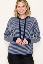 Striped French Terry Hoodie Top - Navy
