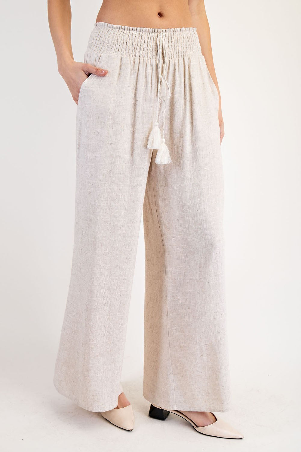 Drawstring Tassel Straight Leg Pants - Oatmeal