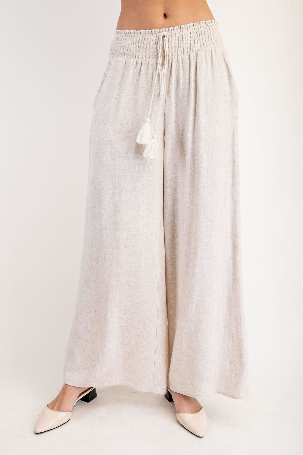 Drawstring Tassel Straight Leg Pants - Oatmeal