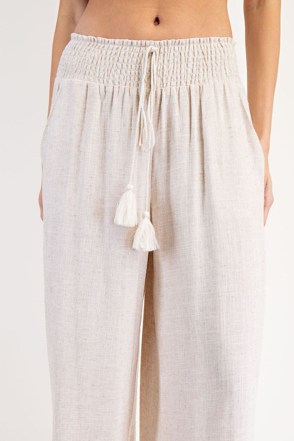 Drawstring Tassel Straight Leg Pants - Oatmeal