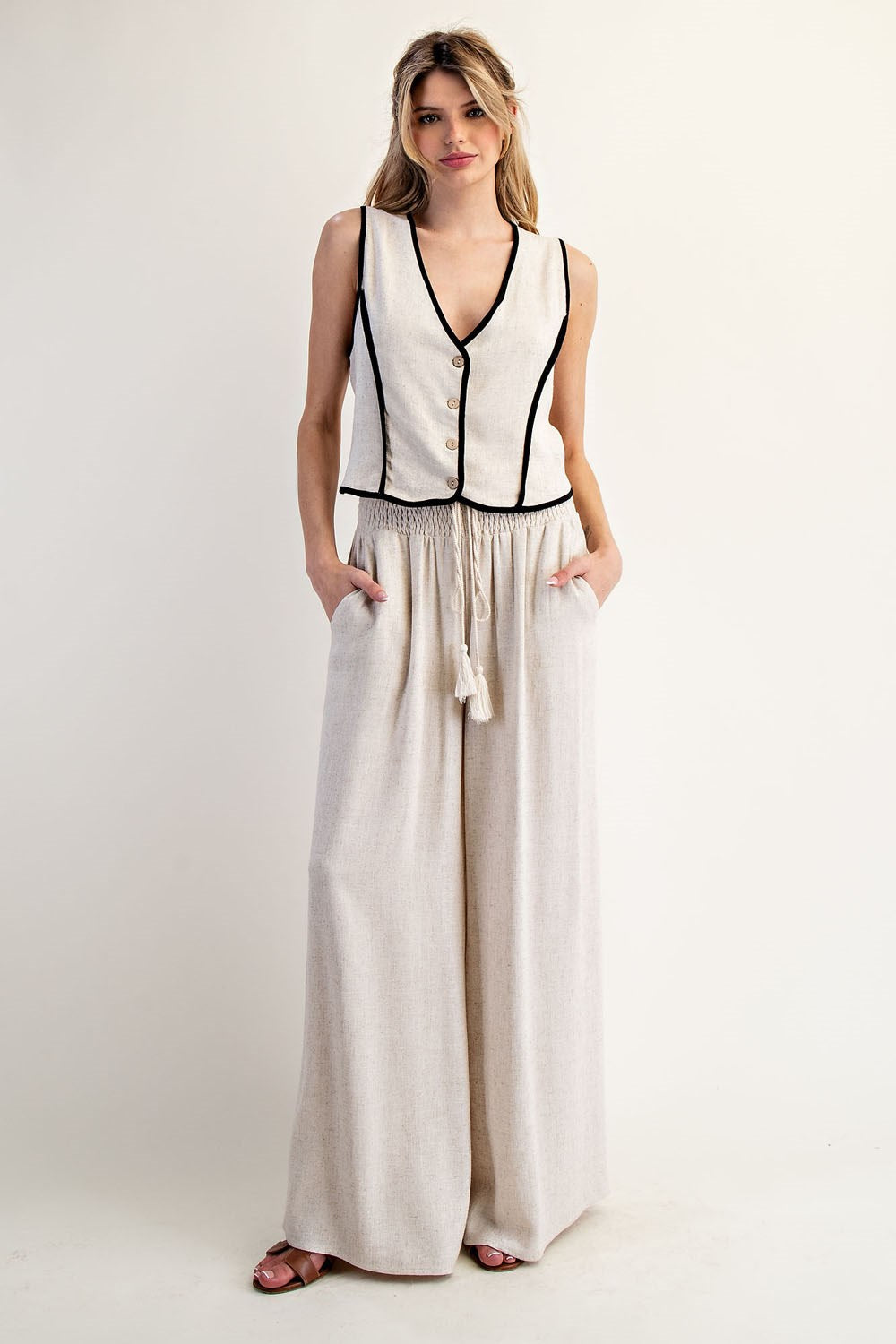 Drawstring Tassel Straight Leg Pants - Oatmeal
