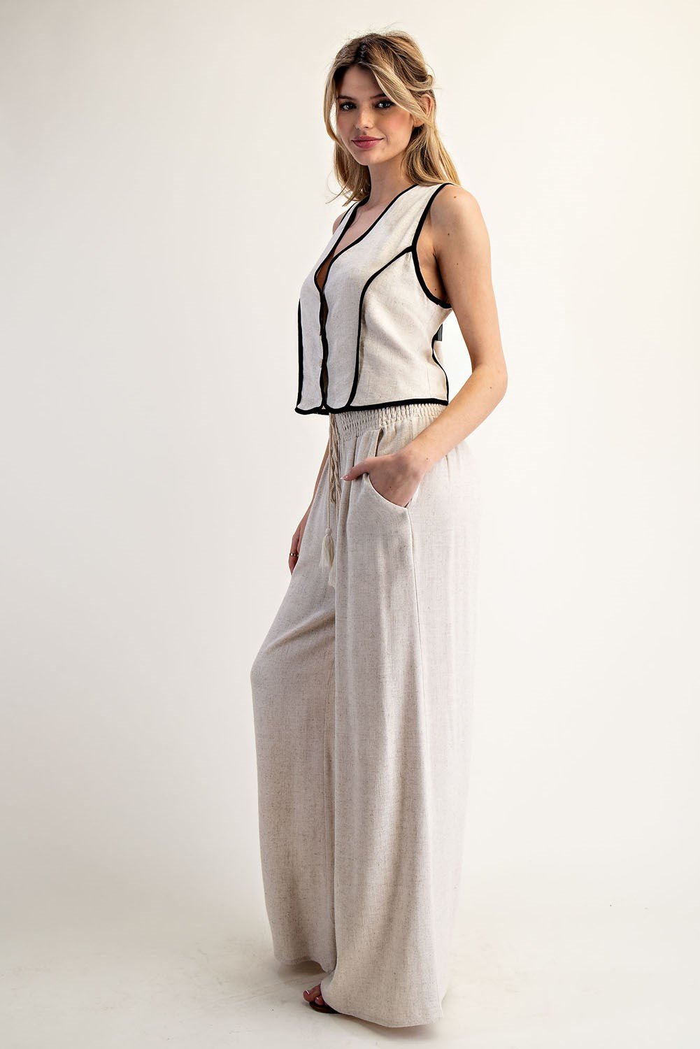 Drawstring Tassel Straight Leg Pants - Oatmeal