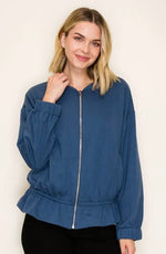 Blue Sky Ruffle Bomber Jacket