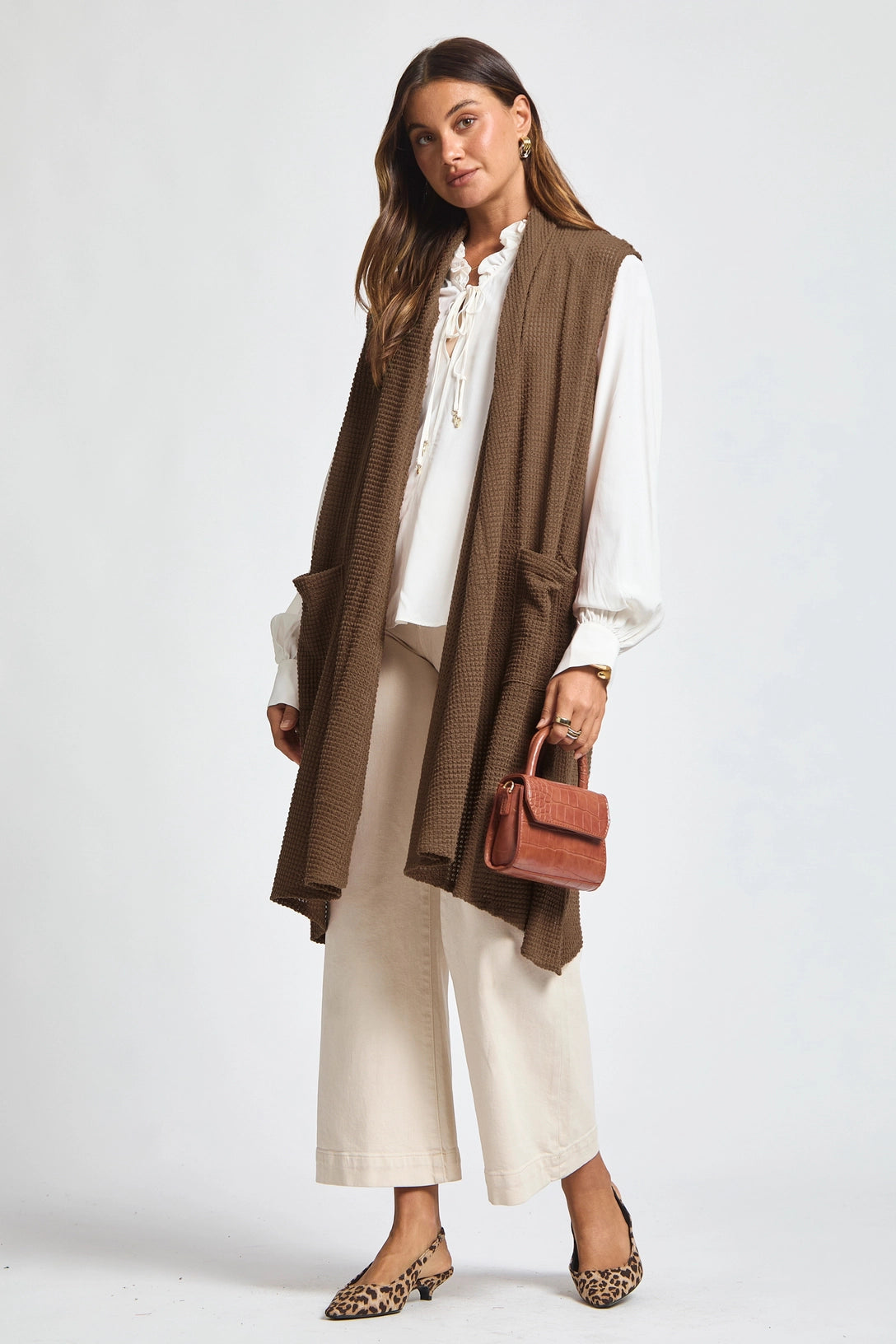 Sleeveless Crochet Midi Vest Cardigan - Mocha