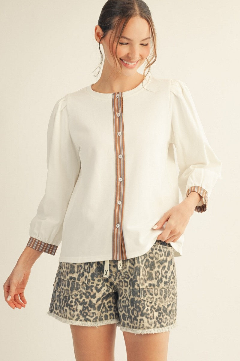 Pleated Puff Shoulder Button Down Top - Off White