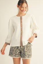 Pleated Puff Shoulder Button Down Top - Off White