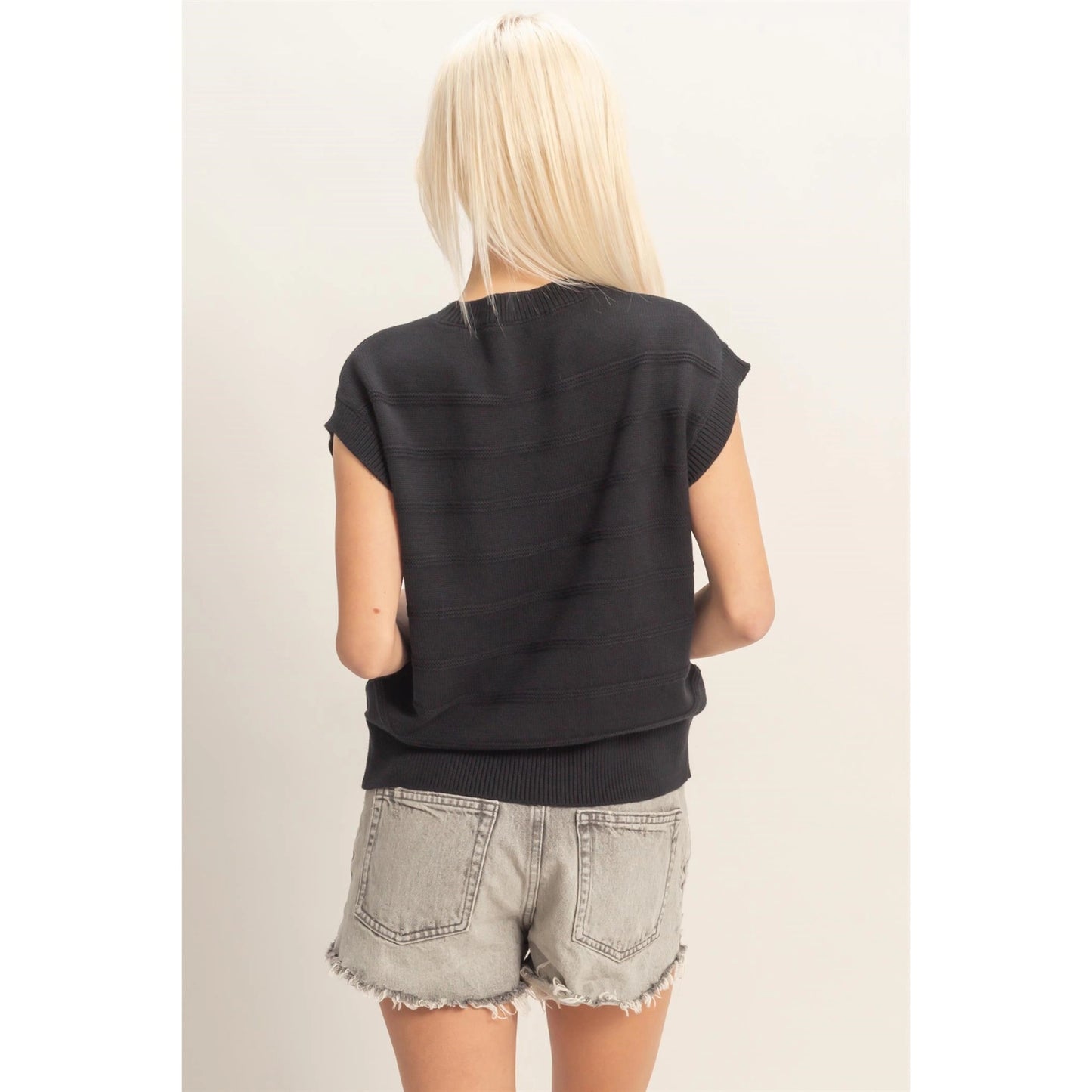 Textured Round Neck Dolman Sleeve Top - Black