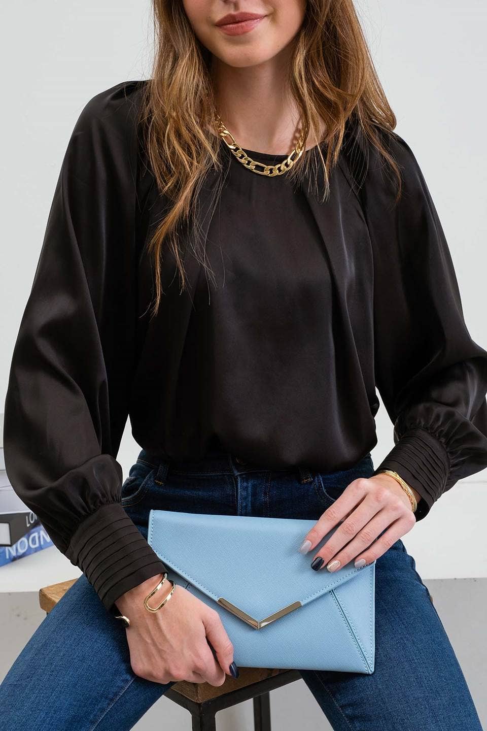 Long Buttoned Bishop Sleeve Top: Black