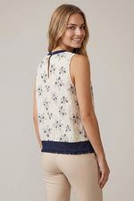 Floral Embroidered Mini Ruffle Button Top - Off White/Navy
