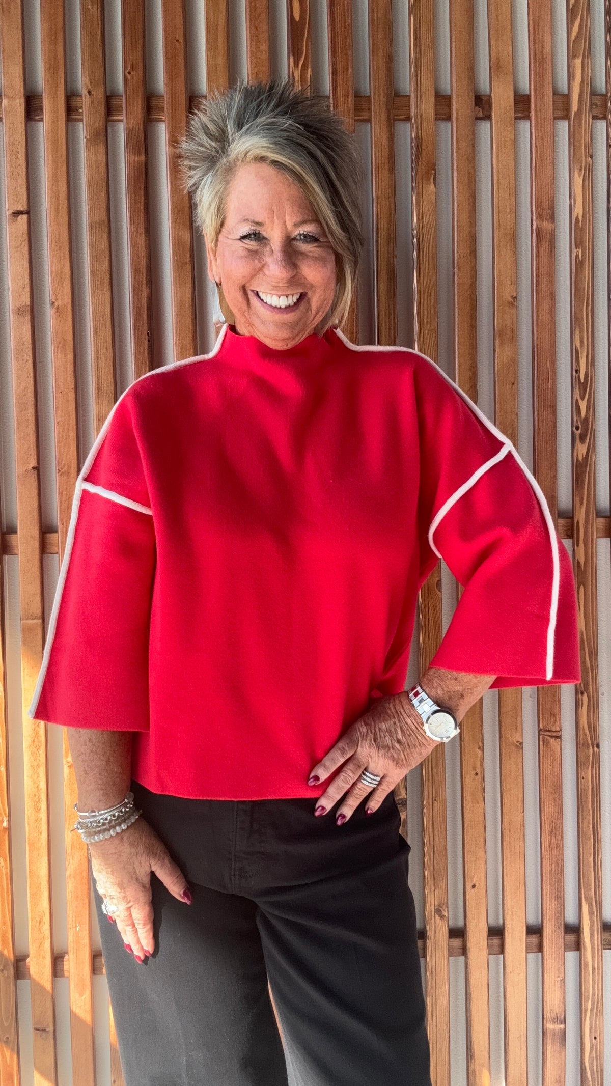 Mock Neck Sweater: Red with White Piping