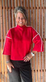 Mock Neck Sweater: Red with White Piping
