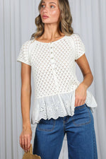 Eyelet Lace Ruffle Hem Crochet Sweater - Cream
