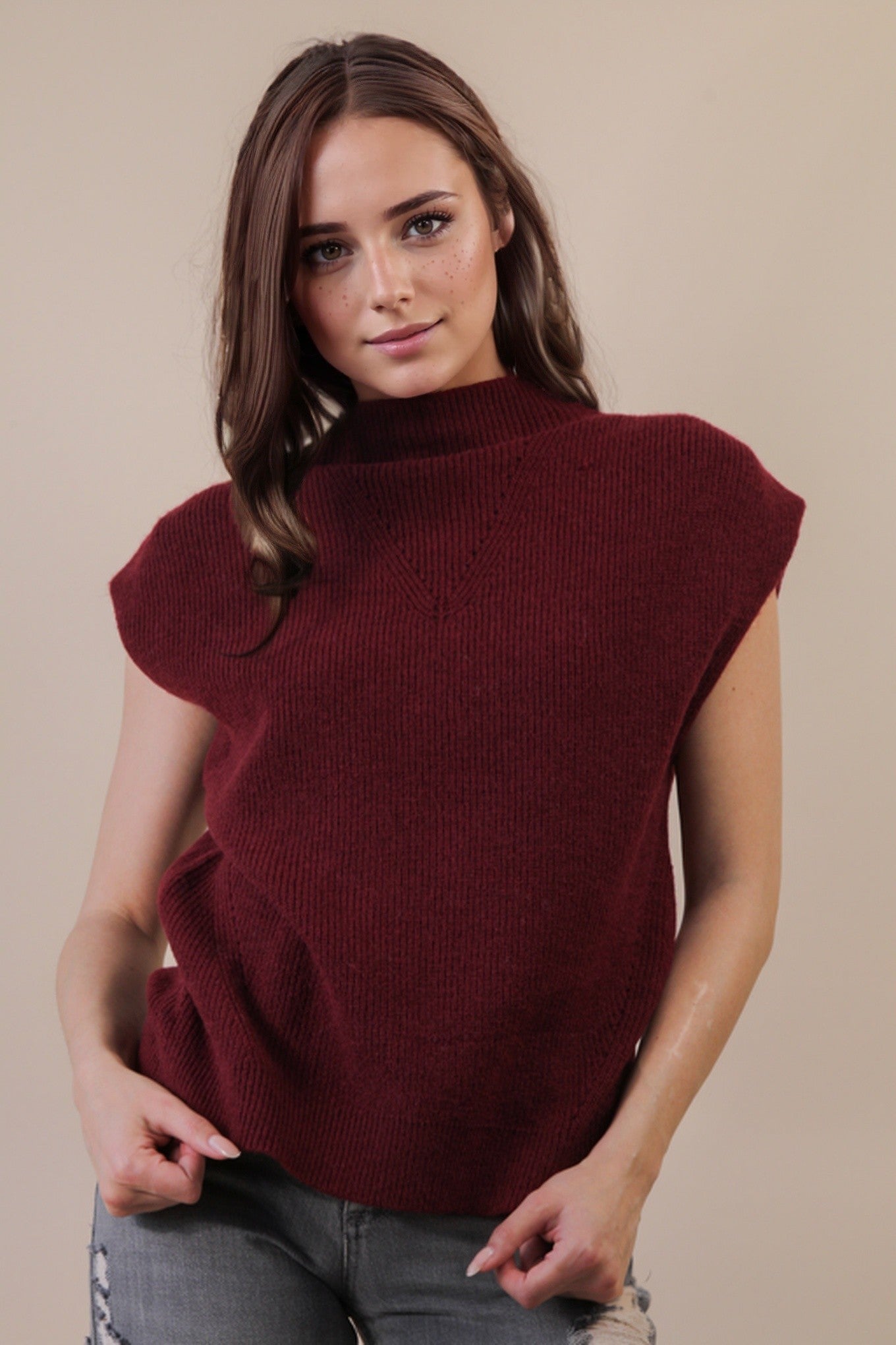 Soft Knit Sweater Vest Top - Burgundy