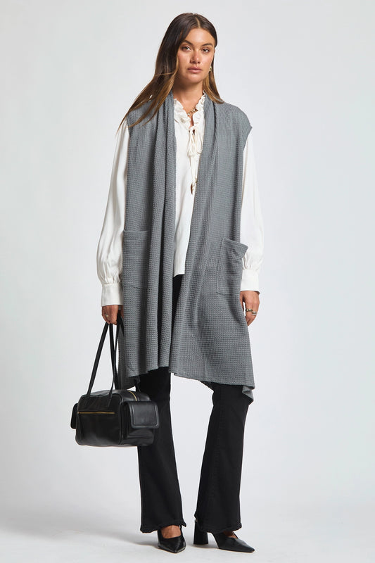 Sleeveless Crochet Midi Vest Cardigan - Charcoal