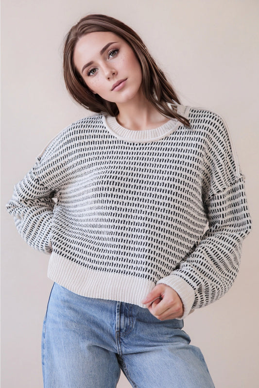 Two Tone Textured Knit Sweater - Black