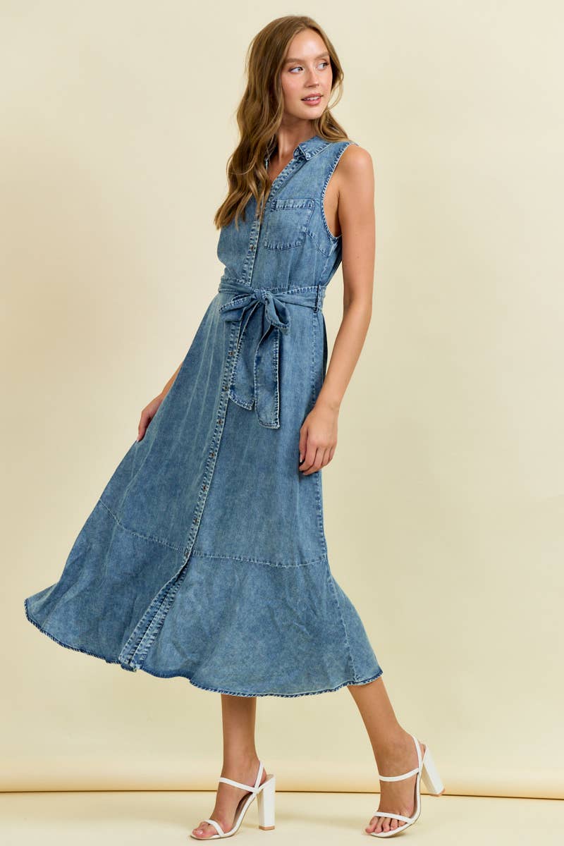 Midi Denim Dres with Tie Belt