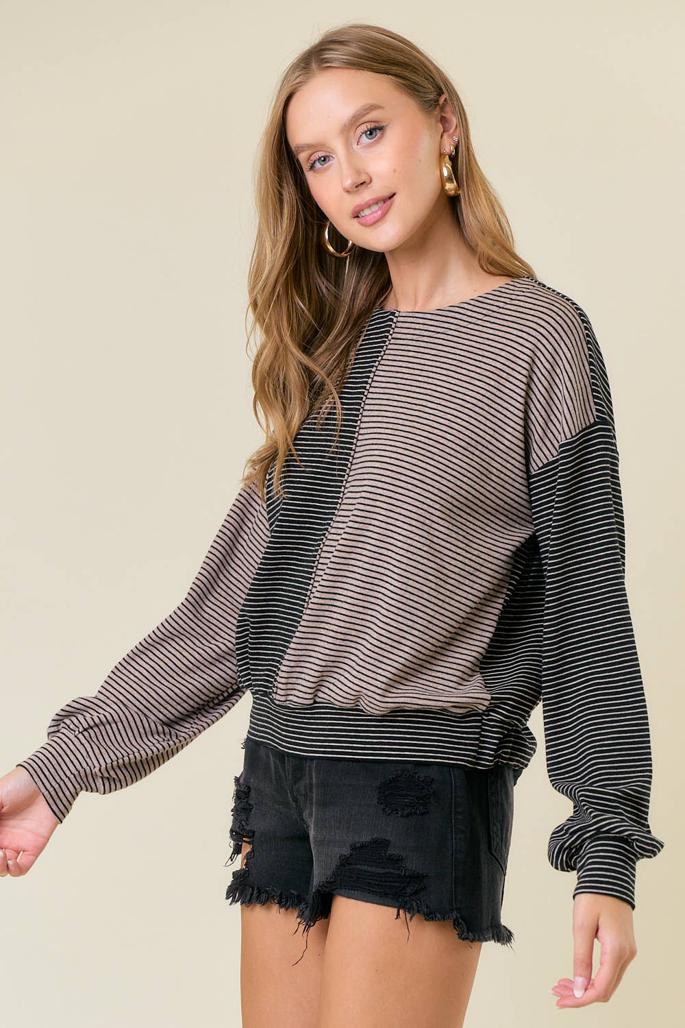 Long Sleeve Drawstring Back Stripe Mixed Top