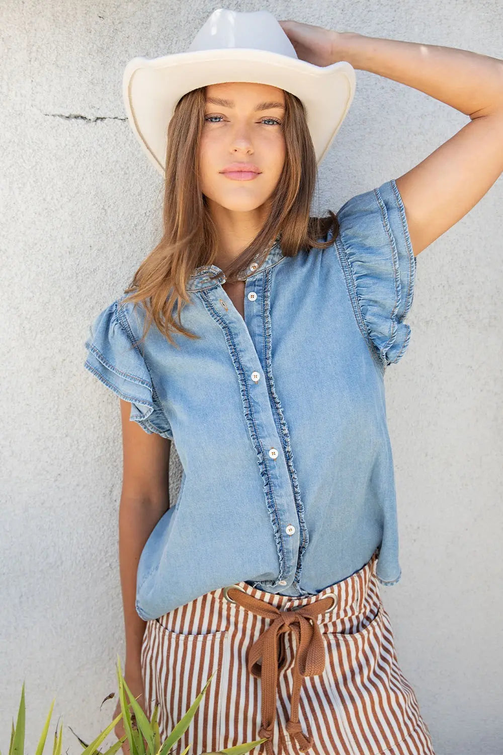 Washed Ruffle Trim Flutter Sleeve - Denim