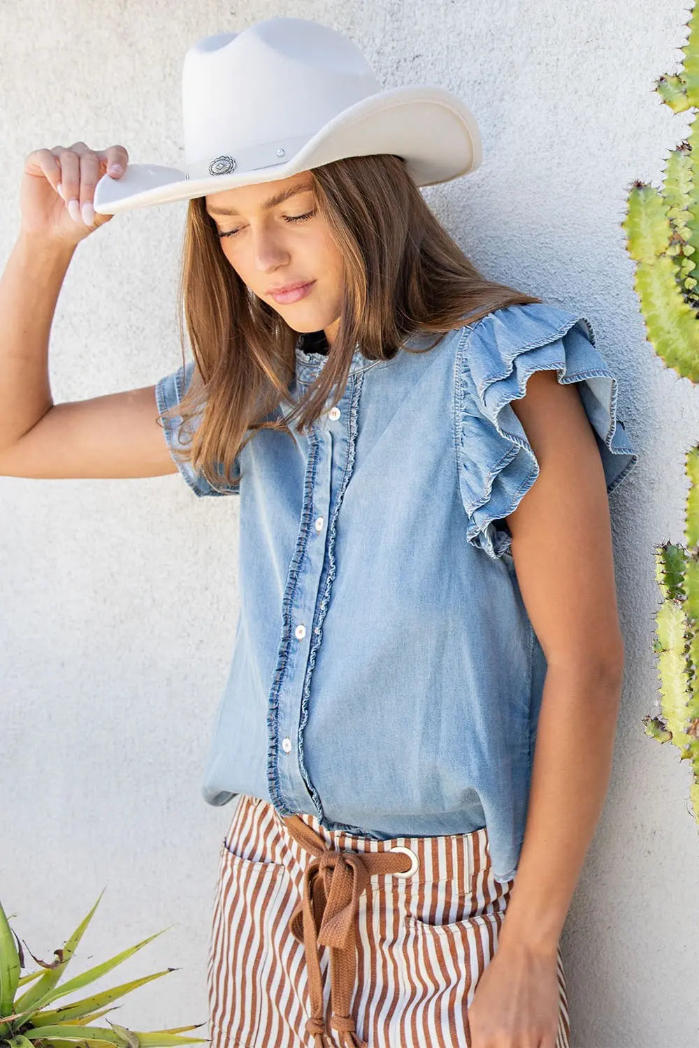 Washed Ruffle Trim Flutter Sleeve - Denim