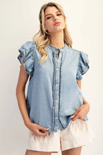 Washed Ruffle Trim Flutter Sleeve - Denim
