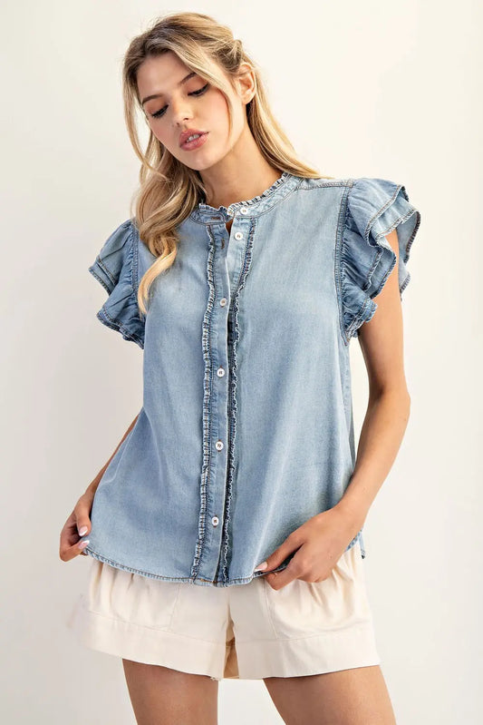 Washed Ruffle Trim Flutter Sleeve - Denim