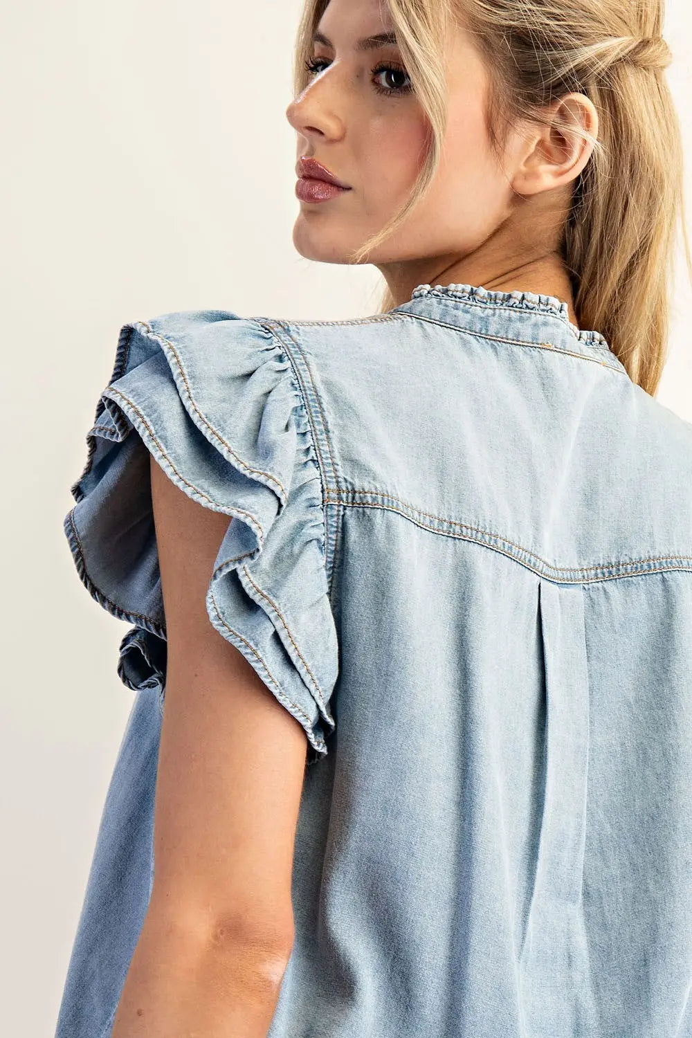 Washed Ruffle Trim Flutter Sleeve - Denim