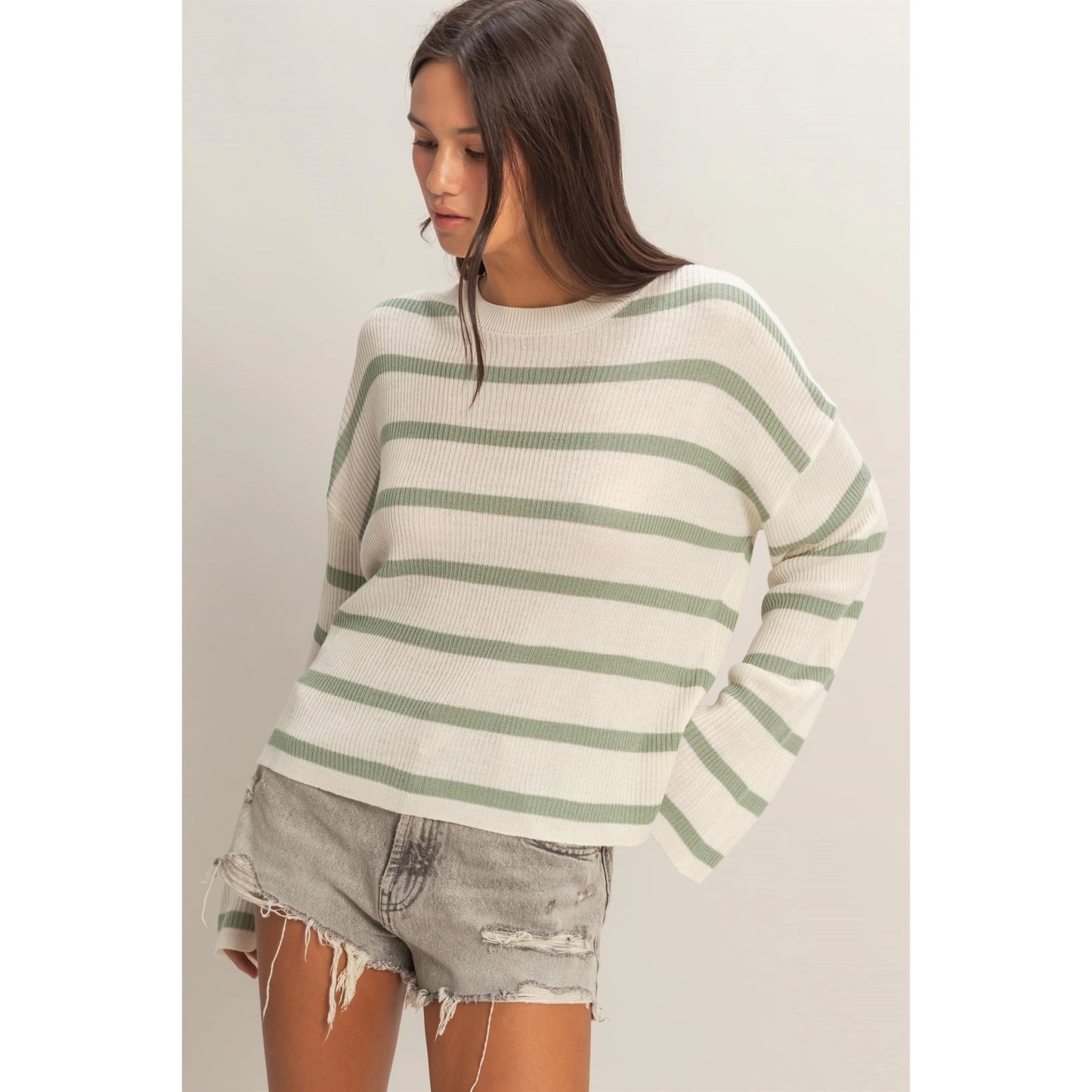 Lightweight Wide-Sleeve Striped Sweater - Sage Green