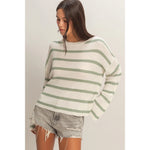 Lightweight Wide-Sleeve Striped Sweater - Sage Green
