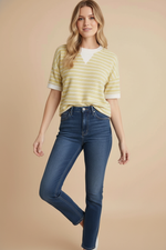 STRIPE ROUND NECK CLOUDY KNIT TOP: Mellow Yellow