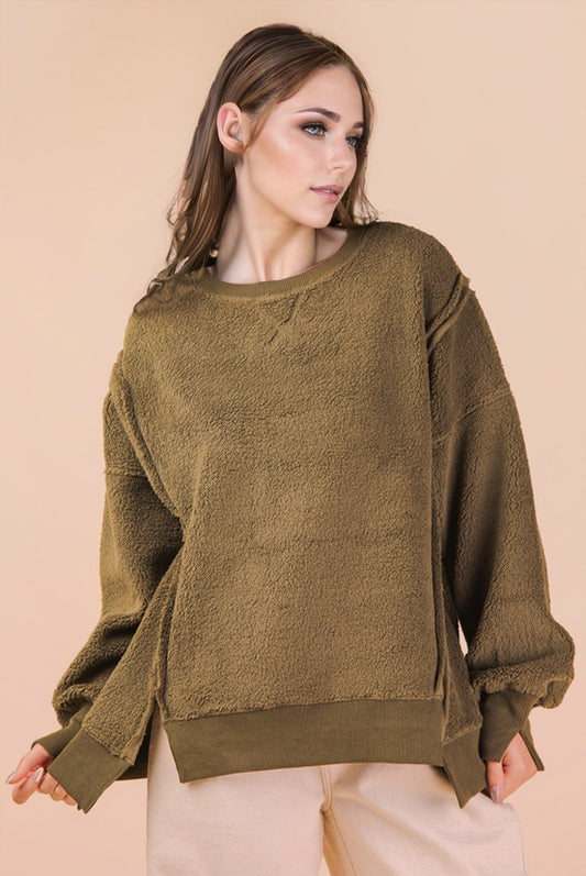 Oversized Casual Solid Fleece Top - Olive