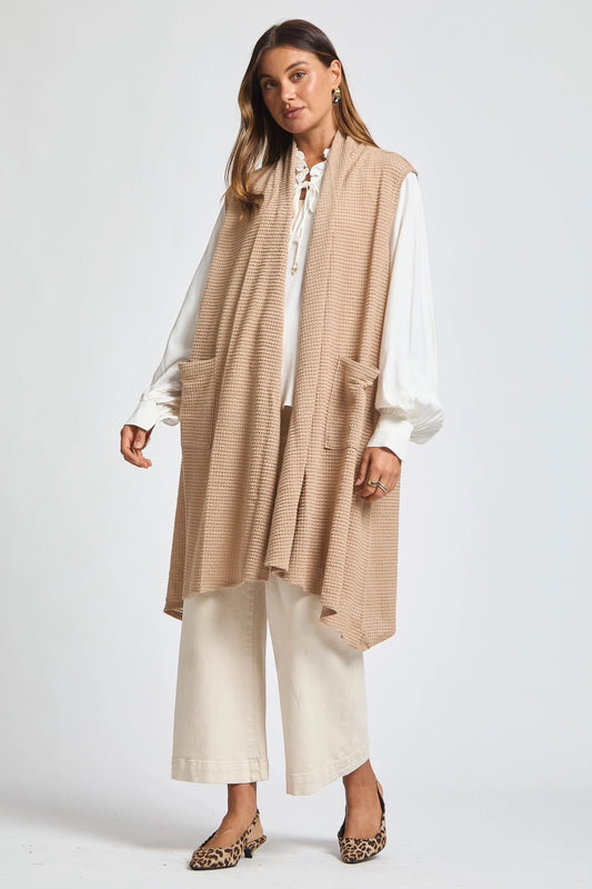 Sleeveless Crochet Midi Vest Cardigan - Mocha