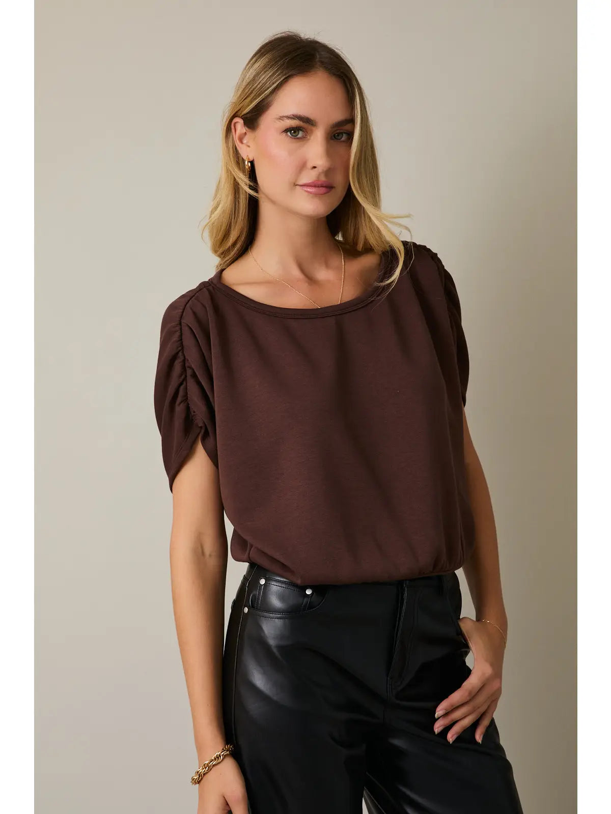 Boatneck Shirring Half Sleeve Crop Top - Brown