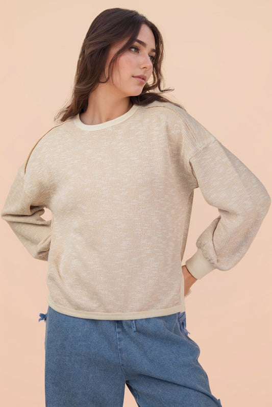 Oversized Printed Knit Long Sleeve - Beige Mix