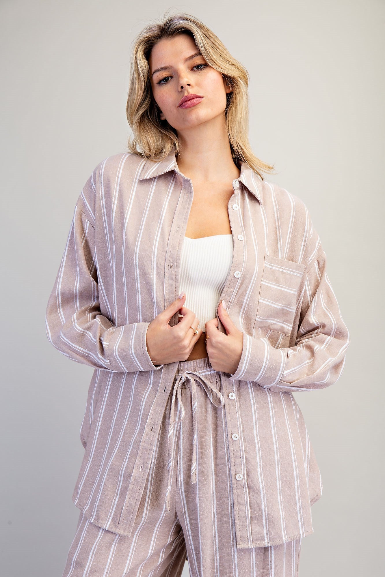 Soft Washed Striped Button Down Shirt - Almond Veil