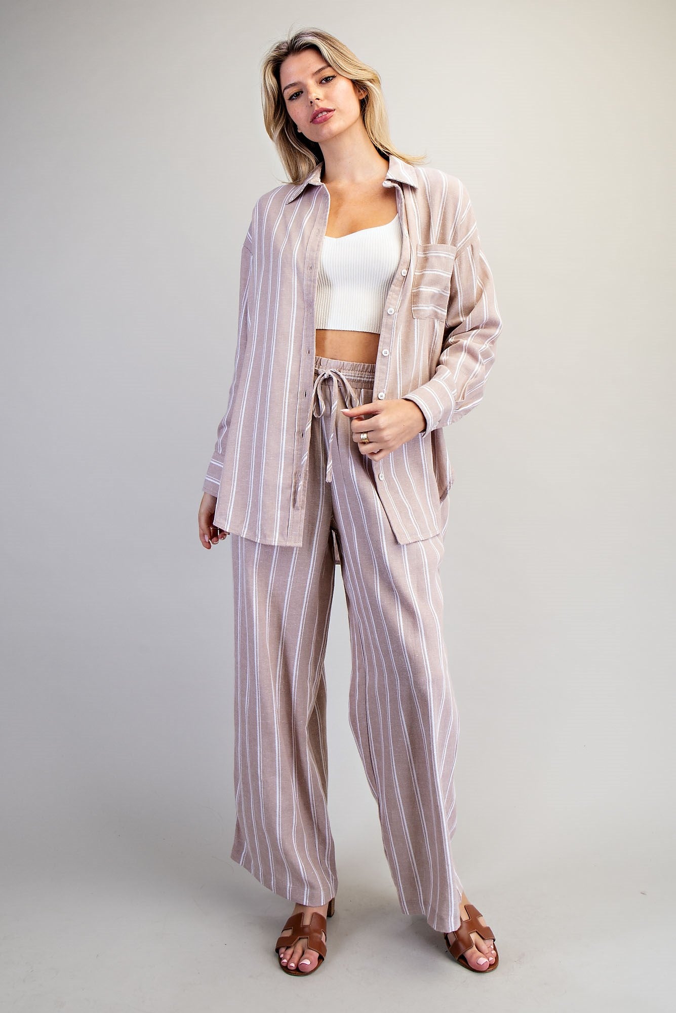 Soft Washed Striped Button Down Shirt - Almond Veil