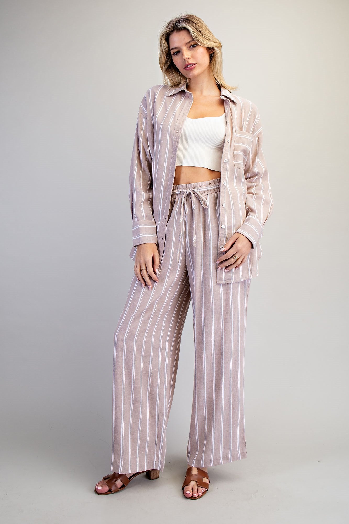 Soft Washed Striped Button Down Shirt - Almond Veil