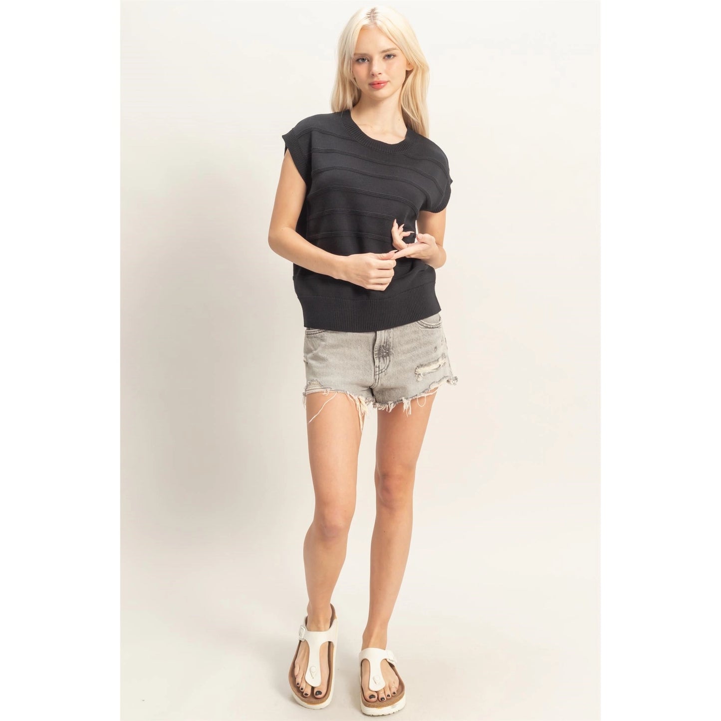 Textured Round Neck Dolman Sleeve Top - Black