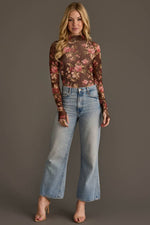 Brown, Cream & Burgundy Floral Mesh Top