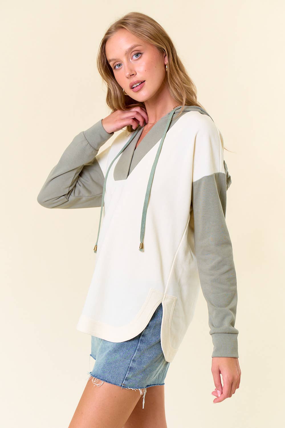 Colorblock Long Sleeve Hooded Sweatshirt - OLIVE