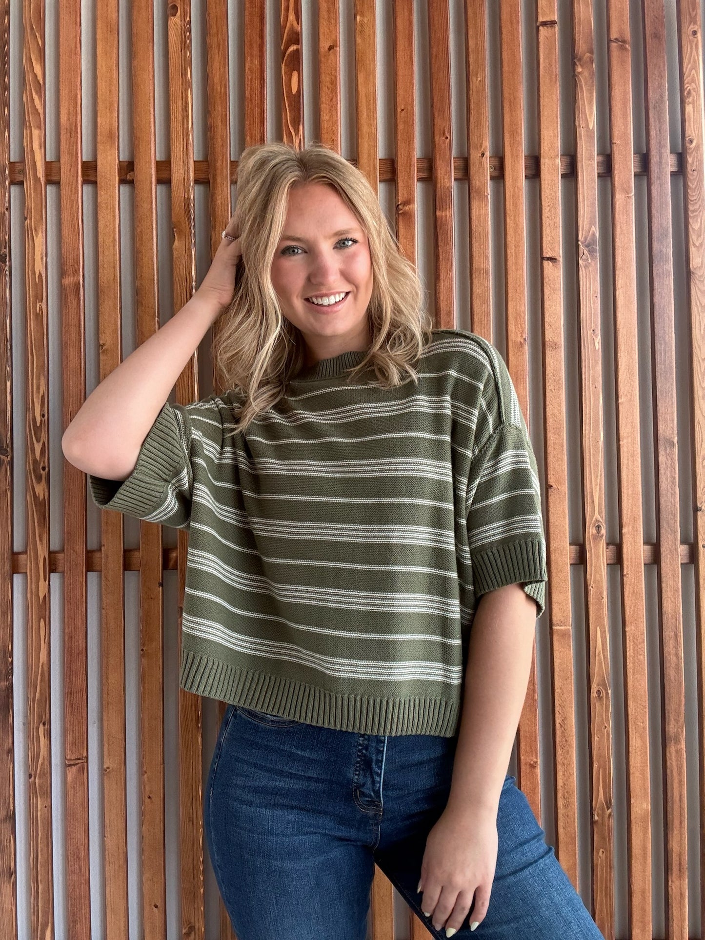 Striped Drop Sleeve in Olive/Cream