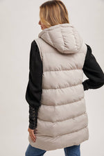 HOODED ZIPPER DOWN LONGLINE PUFFER VEST: Beige