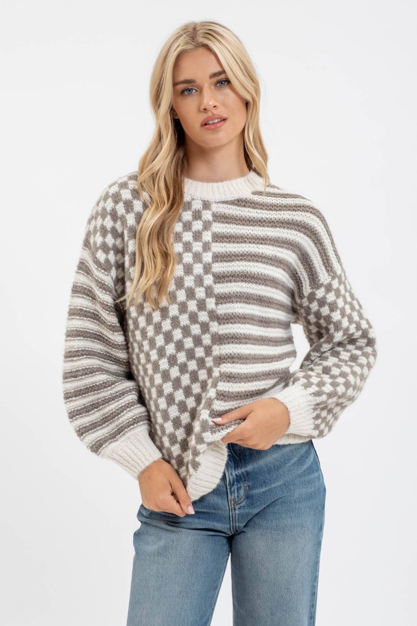 Stripe and Checkered Crewneck Knit Sweater: Olive