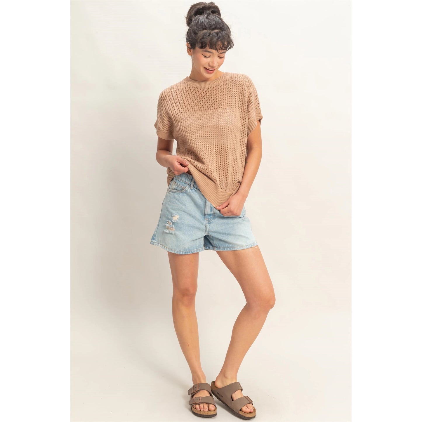 Open-Knit Dolman Sleeve Top - Dark Taupe