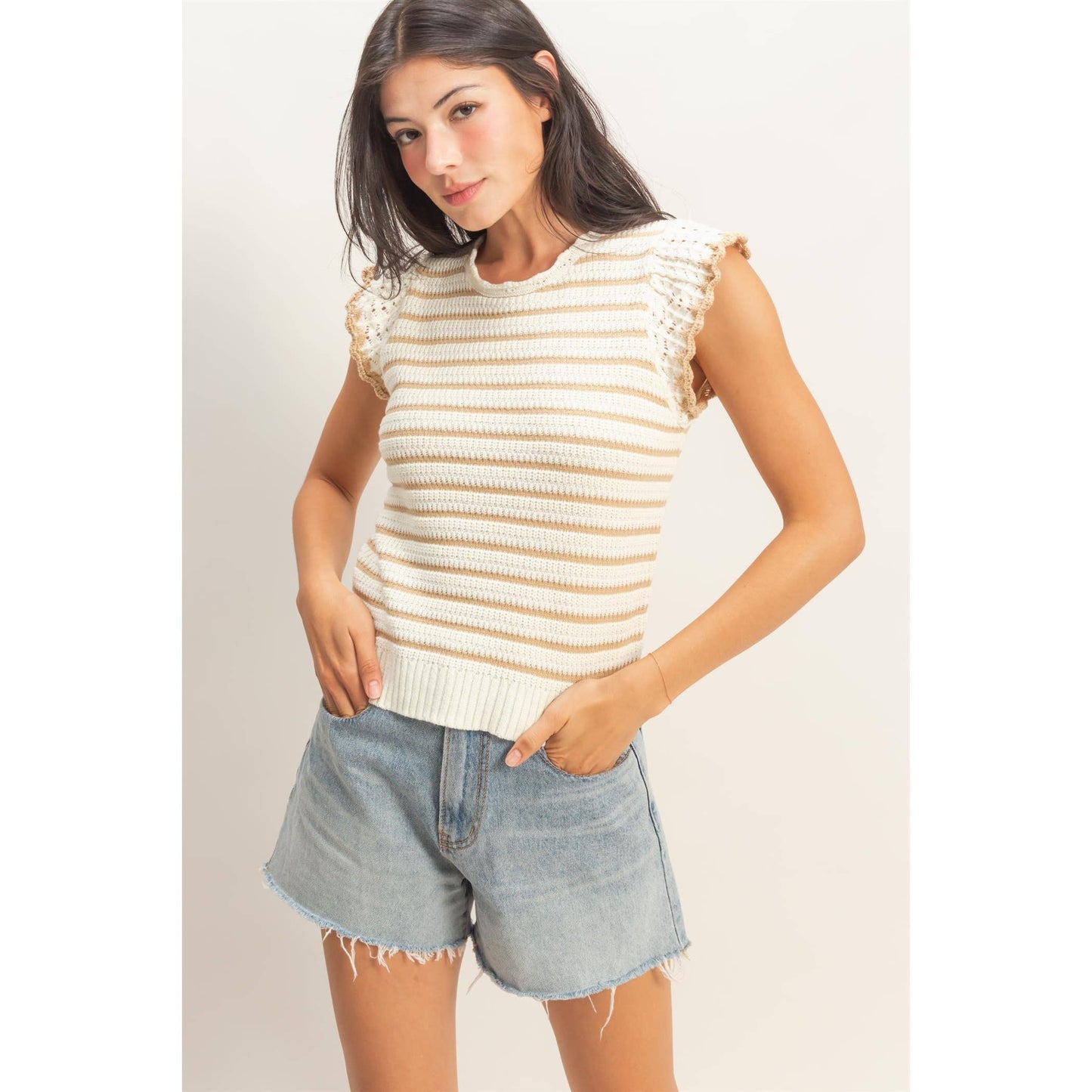Scalloped Striped Ruffle Sleeve Top - Taupe