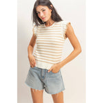 Scalloped Striped Ruffle Sleeve Top - Taupe