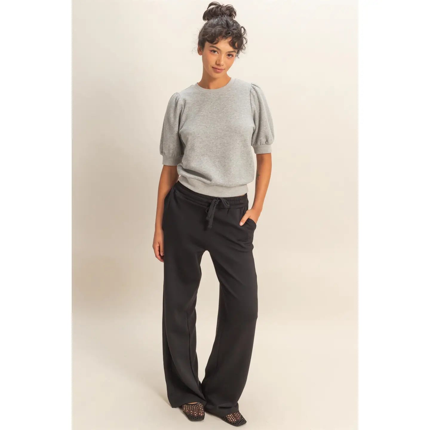 Puff Short Sleeve Crew Neck Top - Heather Grey