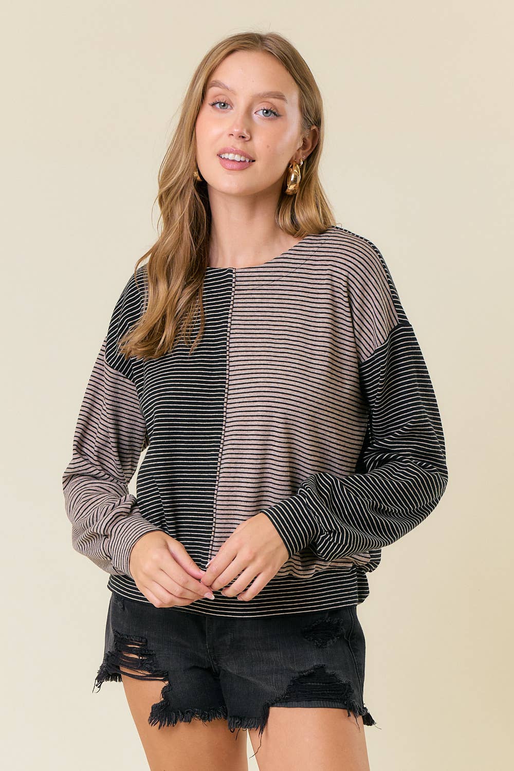 Long Sleeve Drawstring Back Stripe Mixed Top