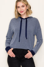 Striped French Terry Hoodie Top - Navy